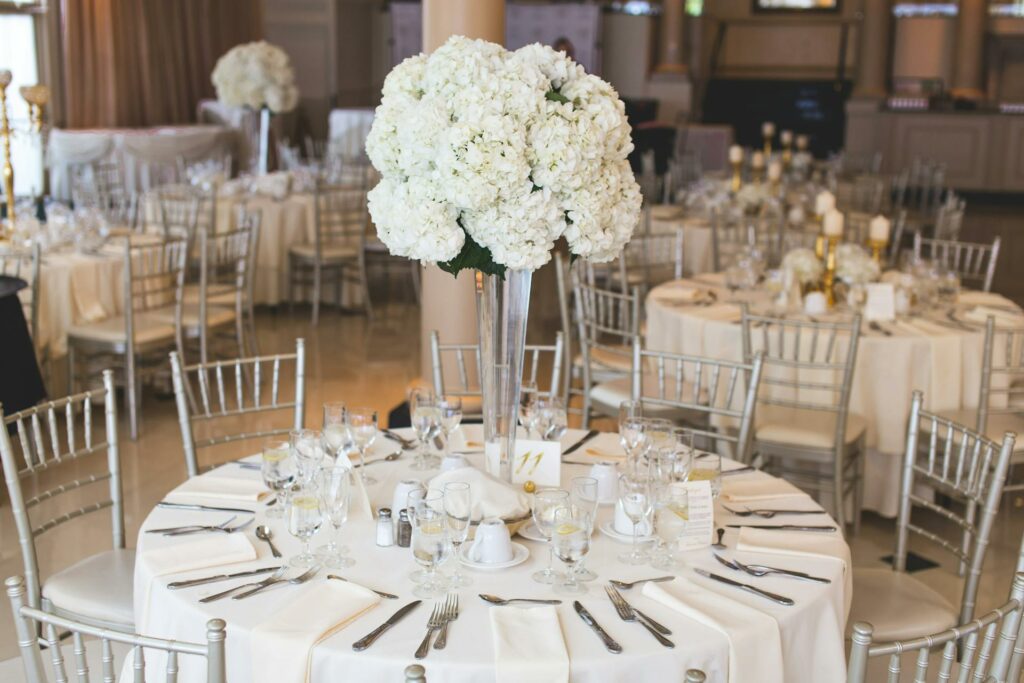 Modern Wedding Venue With Glass vase and bouqute of flowers